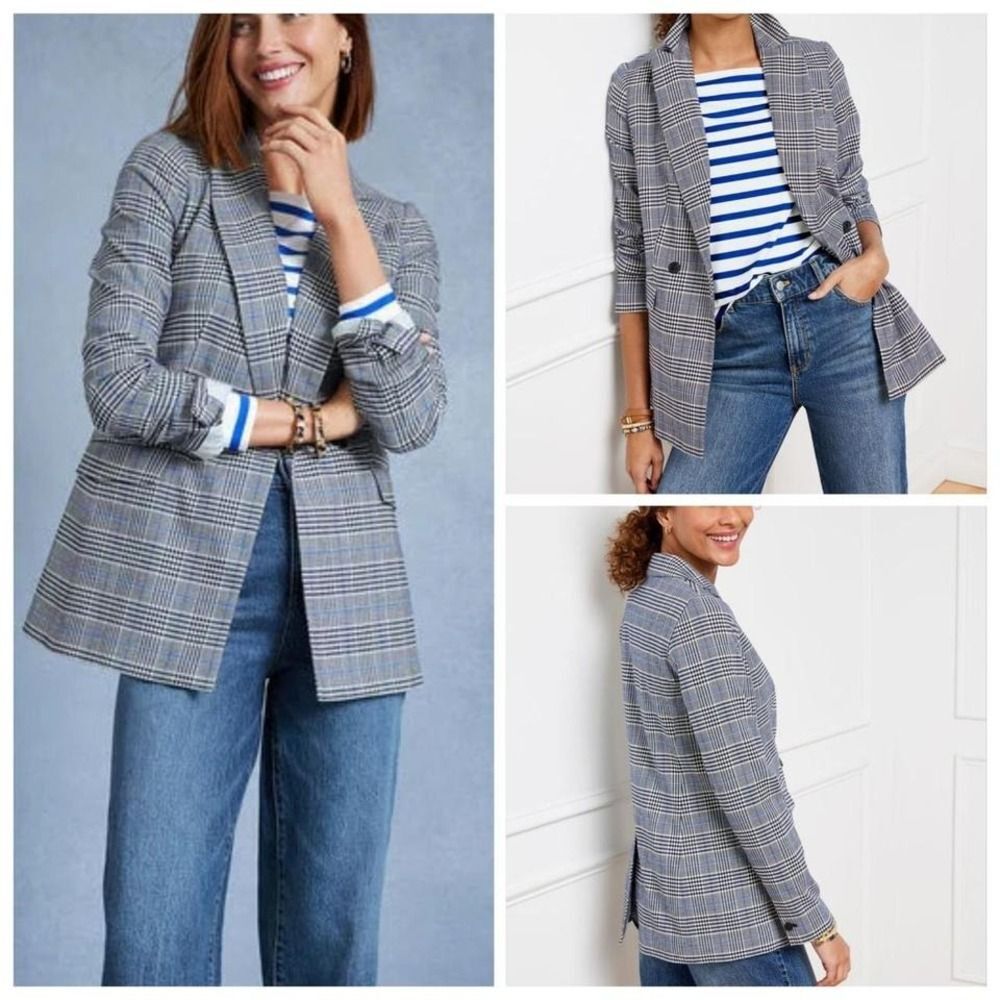 Talbots Plaid Academia Preppy Blue Gray Double Breasted "Glen" Women's Blazer